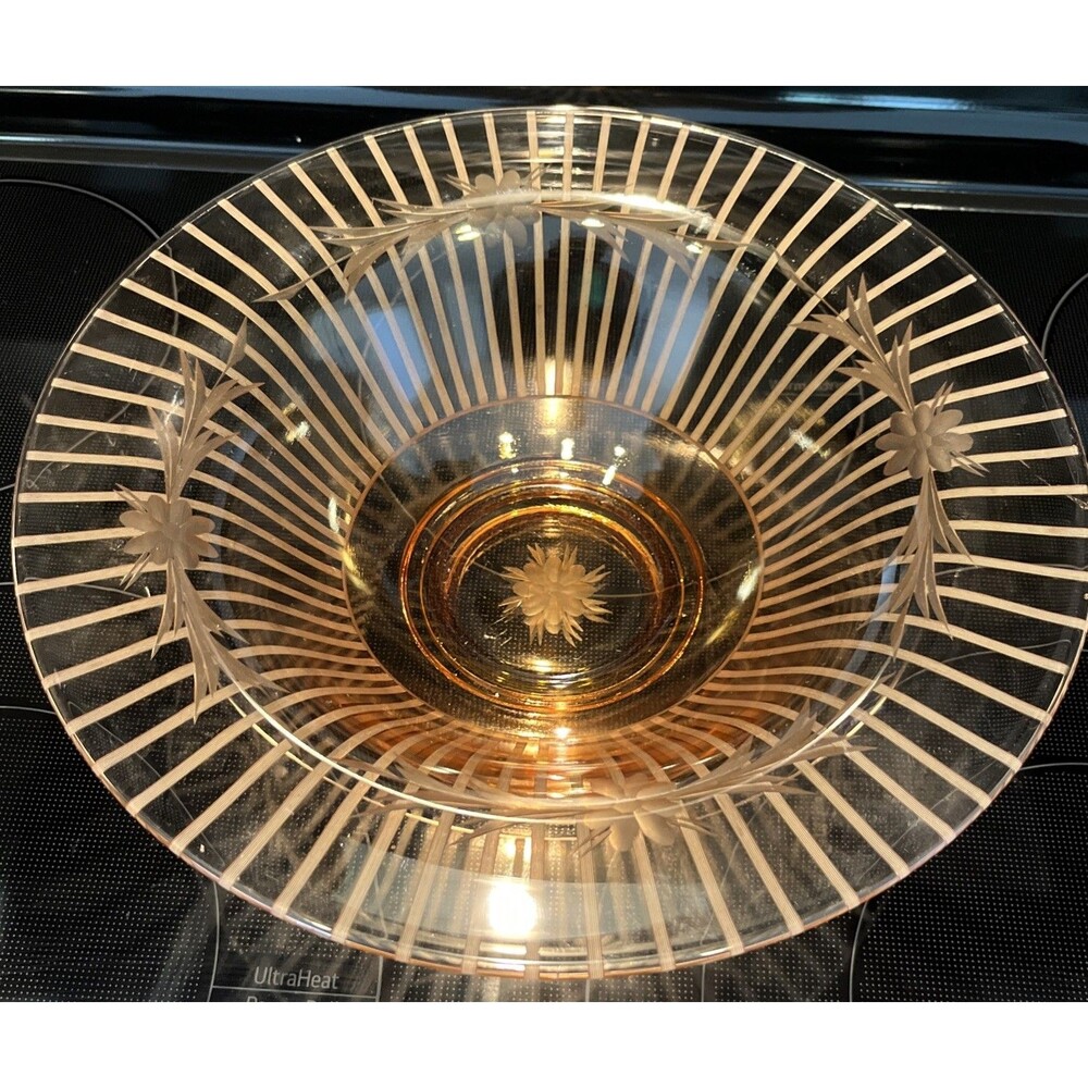 Cambridge Elegant Etched Tuxedo 11" Glass Peach/Amber Deco Bowl 1930-40’s
